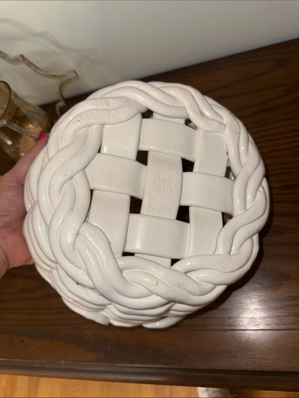 White Ceramic Woven Basket / Bread Decorative Bowl Stamped Made in Italy